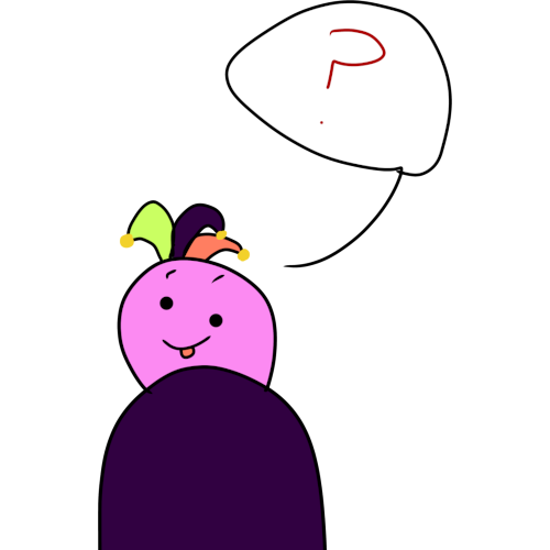 a purple person in a jester's hat sticks their tongue out and has a speech bubble with a question mark